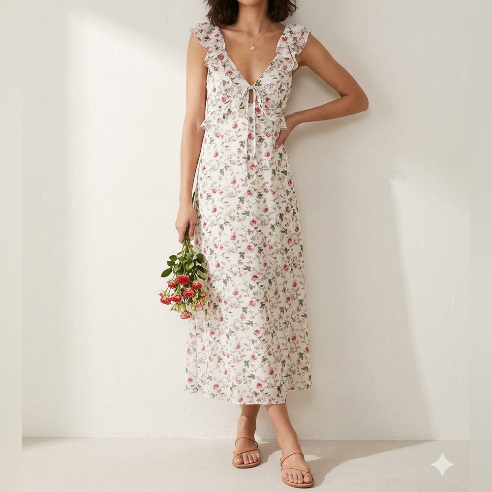 Audrey Brooks White Pink Rose Floral Ruffle Shoulder Maxi Dress❤️